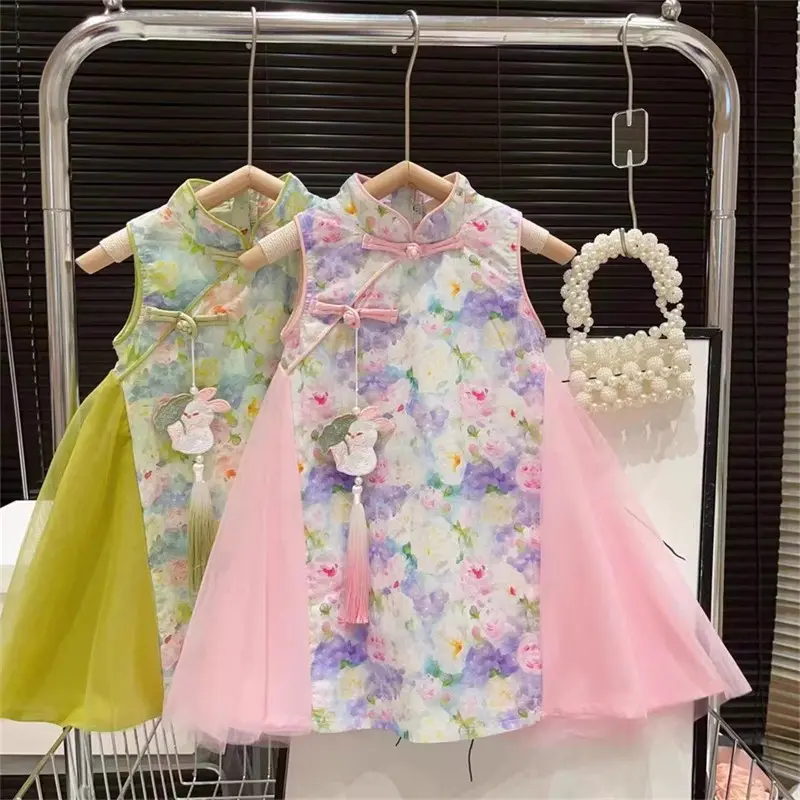 Dress Anak Perempuan Import Model Cheongsam Bunga Rabbit Brokat Tutu Kerah Tinggi Fashionable 4