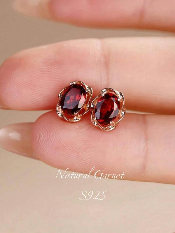 S925 Sterling Silver Natural Garnet Decorated Stud Earrings, Fashionable Earrings for Women & Girls, Trendy All-match & Exquisite Jewelry for Birthday Gift 3