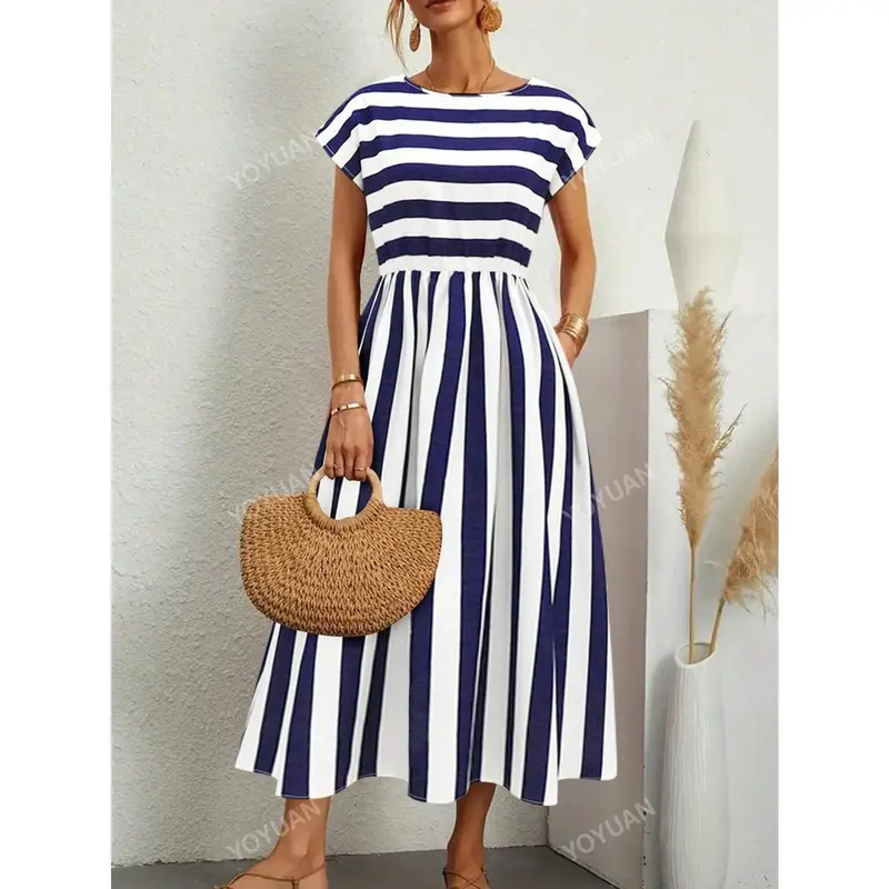 Summer Round Neck Striped Drop Shoulder Sleeve A-Line Midi Dress 0