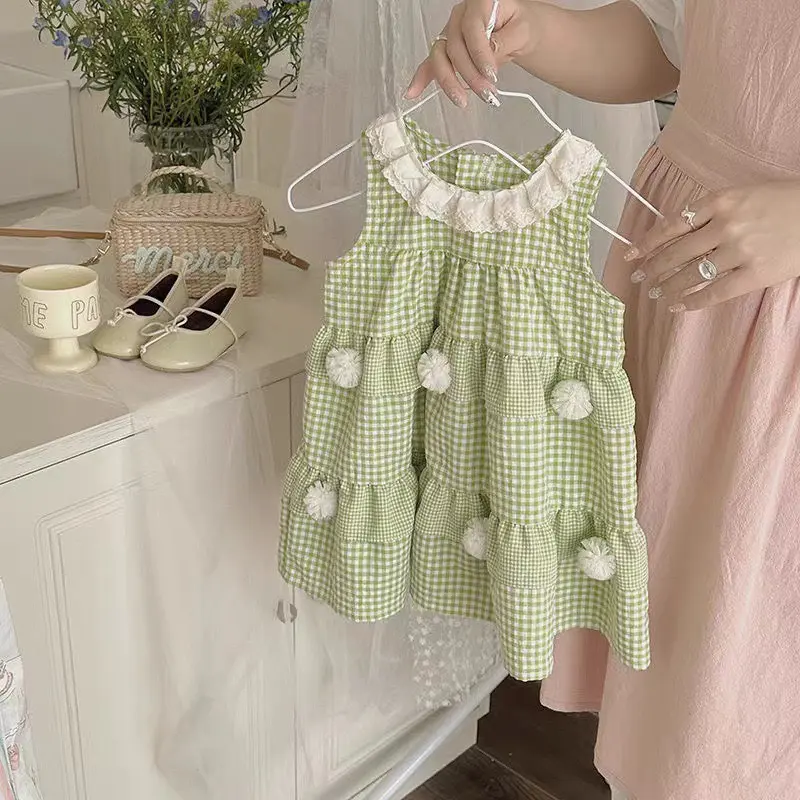 E408 Đầm công chúa sát nách xanh cổ phối ren trắng gắn bông siêu xinh chất thô mềm cho bé gái đi học đi chơi, đi đám cưới | EMBESTIHON 0