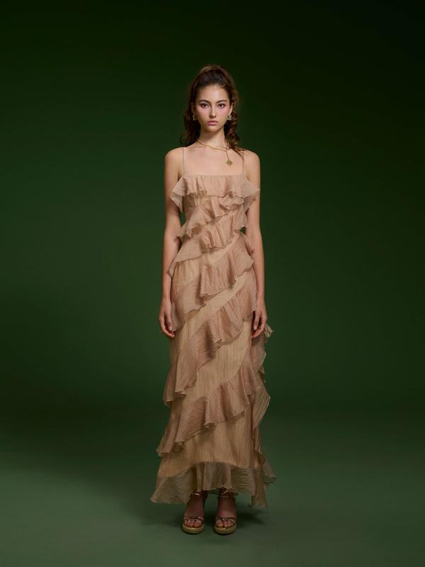 Váy dài hai dây tơ lụa xếp tầng màu nâu - Isabella Dress 1