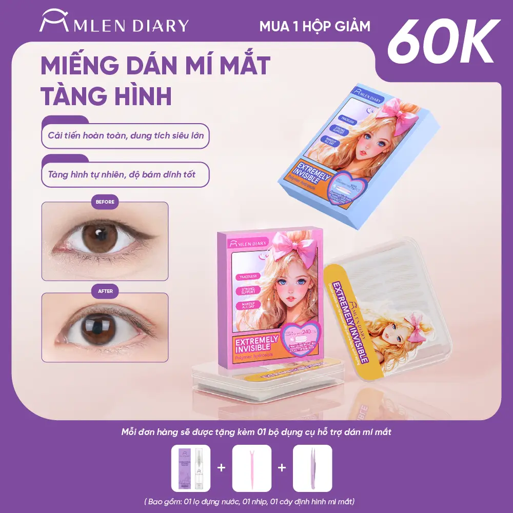 [Tặng Kèm Bộ Dụng Cụ - Mua 2 Hộp Giảm 60K] Mlen Diary - Miếng Dán Kích Mí Lưới Tàng Hình Tự Nhiên Phù Hợp Cho Mọi Dáng Mắt, Nhiều Lựa Chọn Dễ Dùng Cho Người Mới Bắt Đầu - Kích Mí Không Gây Lộ, Tự Nhiên Cả Khi Không Makeup