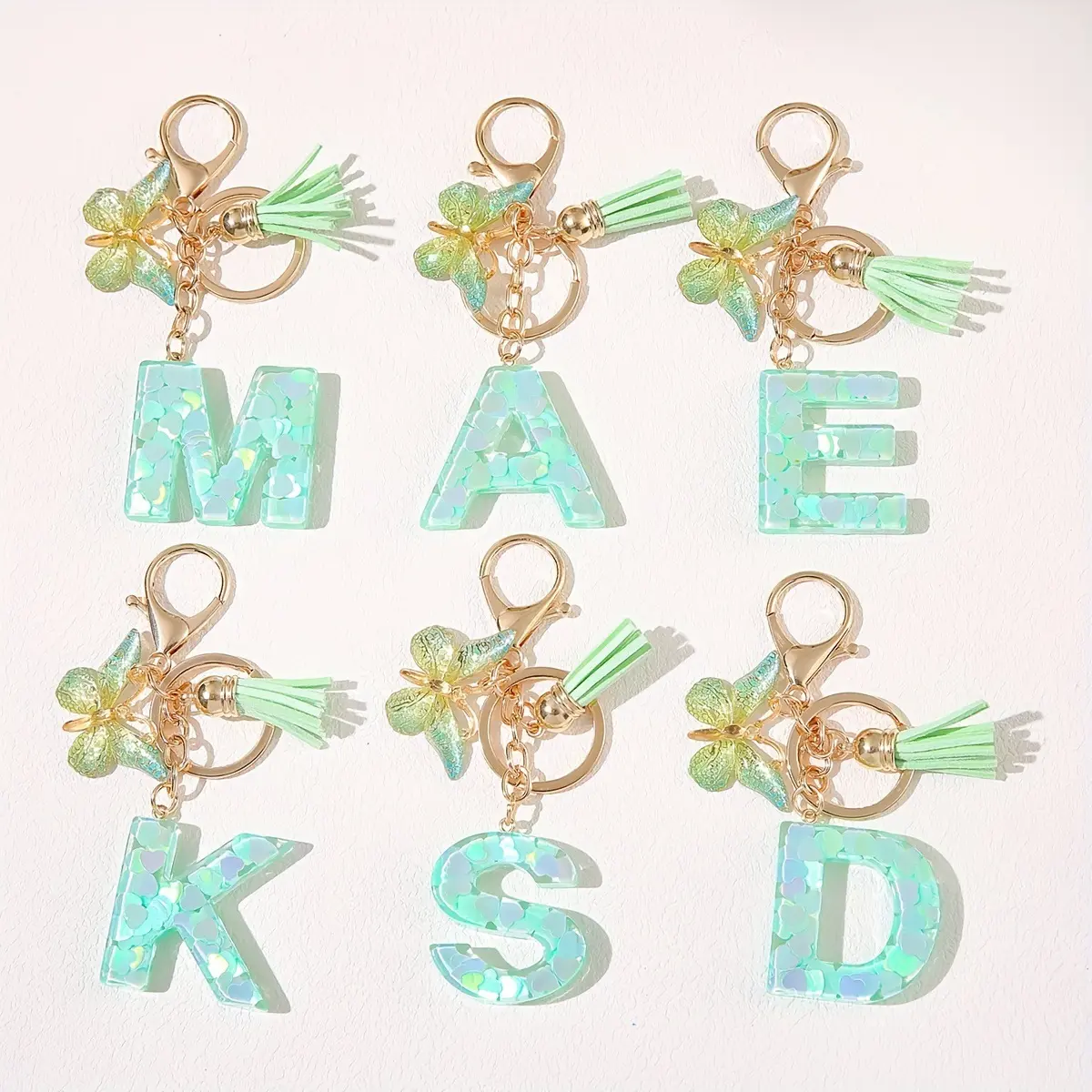 Mint Green A-Z Letter Keychain Resin Initial Key Ring with Tassel Butterfly Pendant for Women Key Purse Handbags Bag Accessories