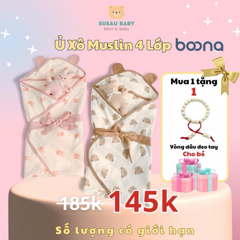 [Tặng Vòng Dâu Tằm] Ủ Xô Muslin BOONA 4 Lớp Cao Cấp Cho Bé Sơ sinh Kích Thước 75x75cm