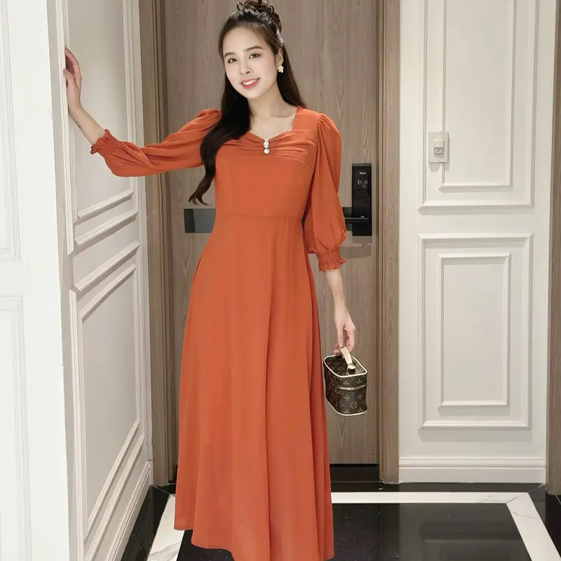 Đầm maxi form dài đính nút ngực, tay lỡ bo thun - GR0298 (Hình thật shop chụp) Nữ Dress 3