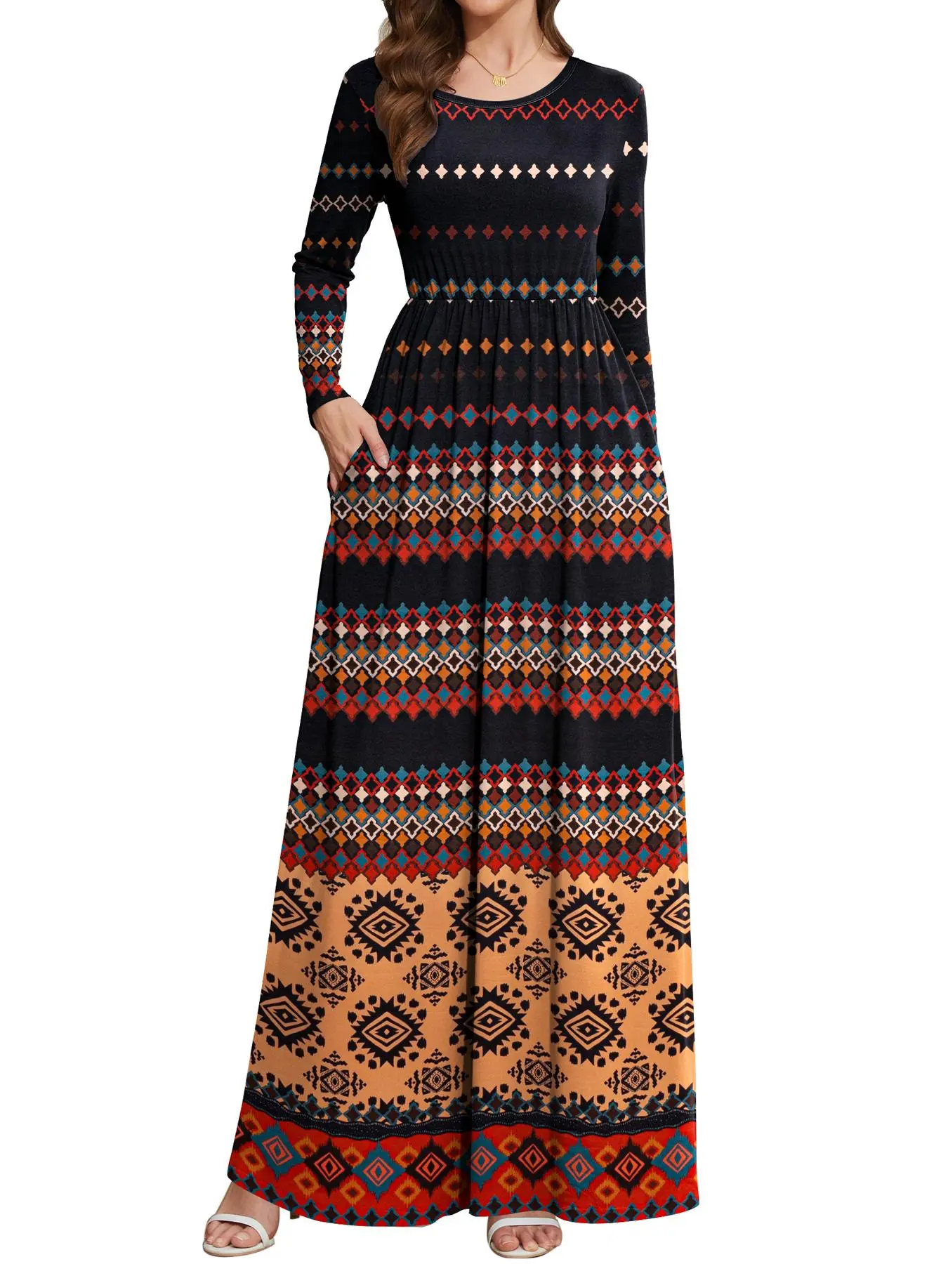 Women's Ethnic Pattern Patchwork & Geometric Print Pocket Round Neck A Line Dress, Boho Casual Long Sleeve Long Dress for Fall & Winter, Women's Clothing for Daily Wear