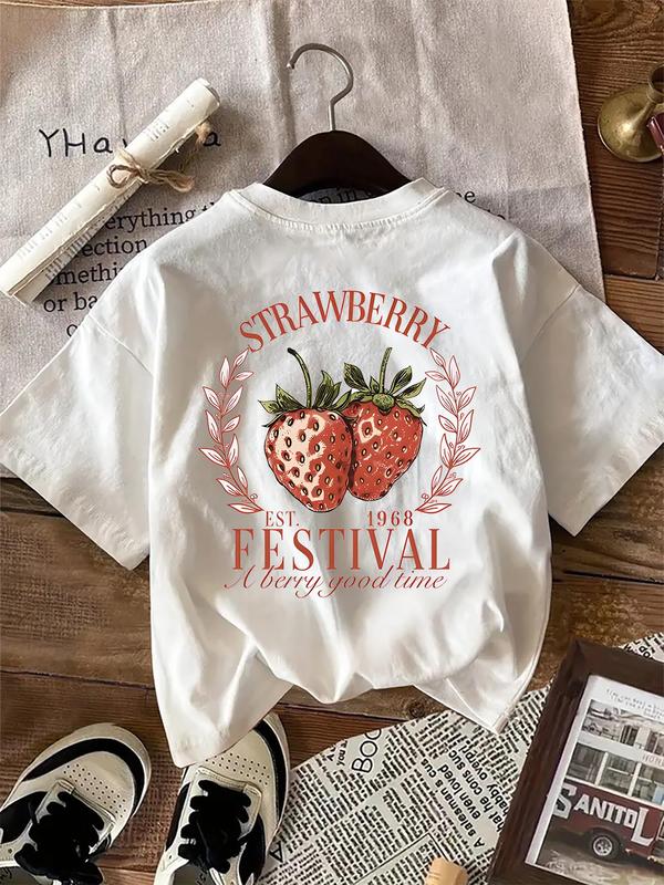 Women's Cartoon Strawberry Print Round Neck Tee, Vintage Trendy Casual Short Sleeve T-shirt for Daily Wear, Ladies Summer Outfit, Top 1