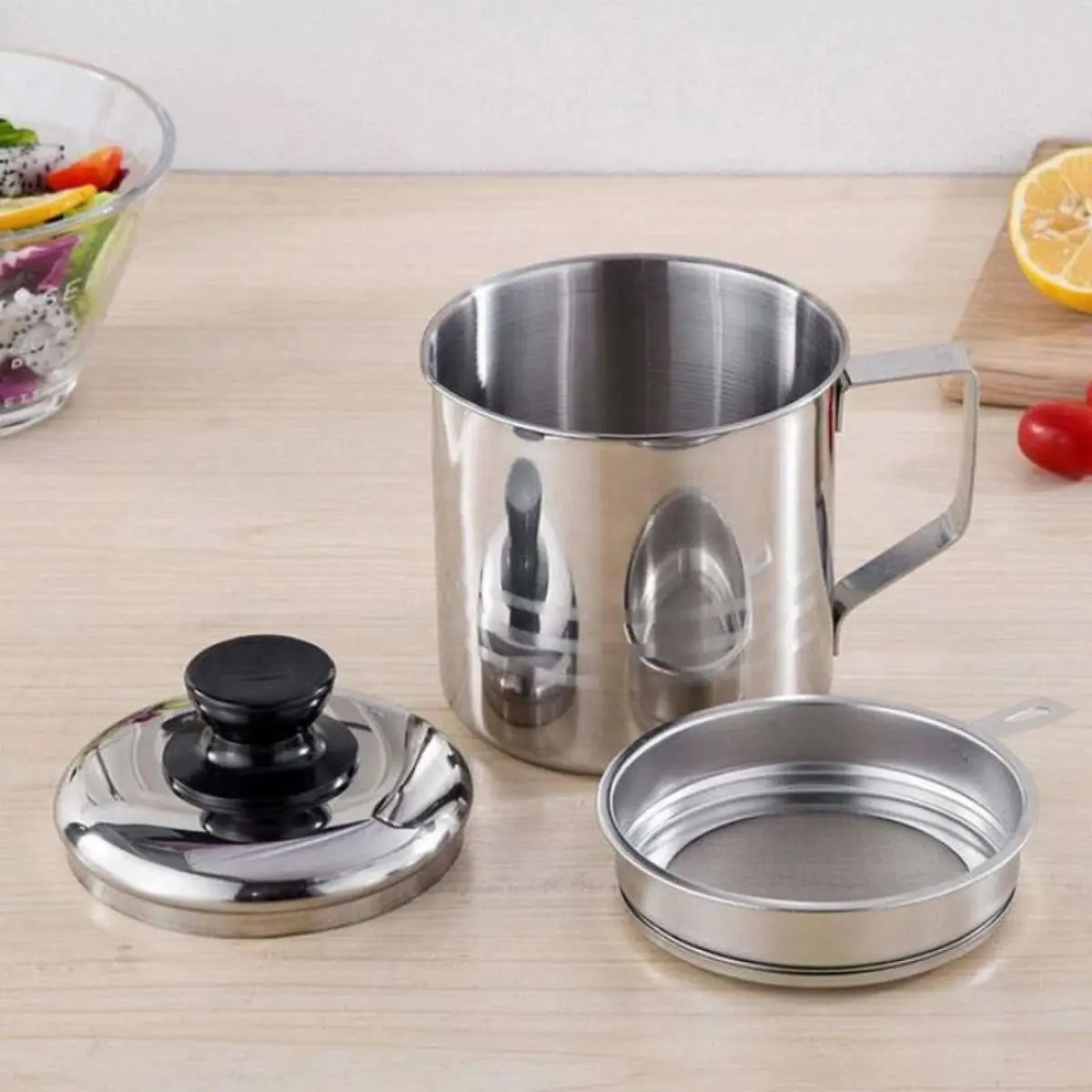 Wadah Saringan Minyak 1 Liter Stainless Steel Besar Kecil / Oil Pot Filter Anti Karat / Gelas Penyaring Ampas Sisa Minyak Jelantah 1000 ML Anti Tumpah
