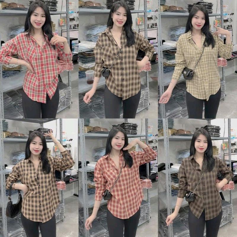 Áo Sơ Mi Nữ Tay Dài Sọc Caro Form Rộng Giấu Quần