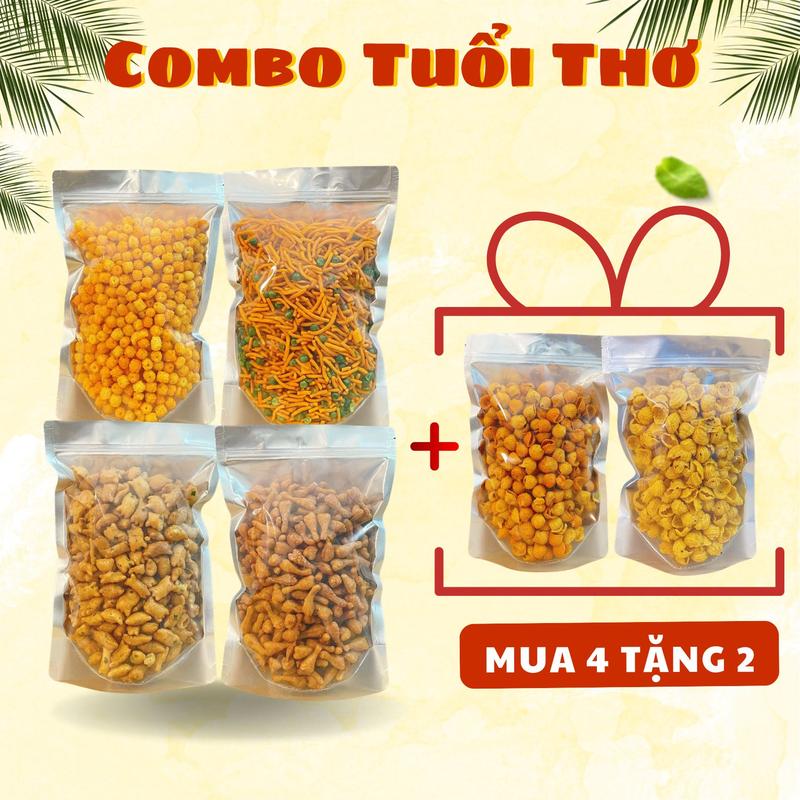 COMBO TUỔI THƠ 4 TẶNG 2: Cua Mỡ Hành - Đùi Gà Phô Mai - Tăm Que Đậu - Nui Chiên (Tặng kèm 2 túi: Ốc Chiên - Ốc Vừng) - ĐỒ ĂN VẶT Minh Nguyệt Foods Snack Thức Ăn
