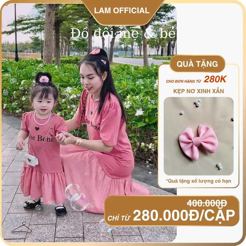 [MẸ/BÉ] LamOfficial đầm đôi mẹ bé gái đuôi cá dáng A màu hồng dâu cho mẹ bé đi chơi 0