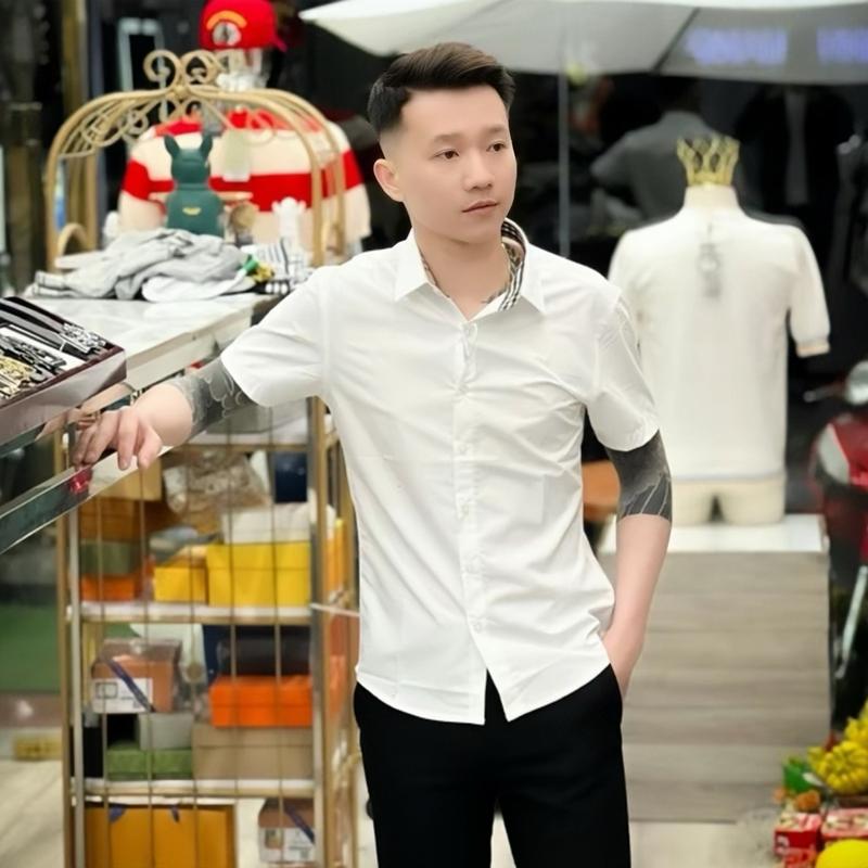 Áo Sơ Mi Ngắn Tay Trắng Phối Cổ Tay Vải Cotton Lụa Mềm Mịn Nam Menswear Shirt Cổ Tròn Kem Có Cổ Kate