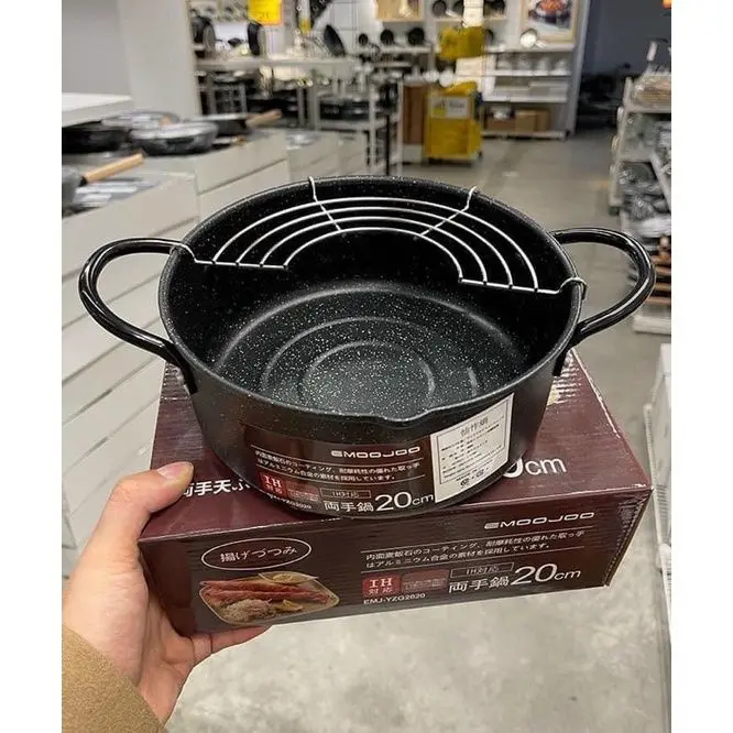 Nồi chiên chống dính ngập dầu chính hãng Emoojoo Nhật Thế hệ Mới Size 20CM - Vân Đá có tặng vỉ gác chảo 4