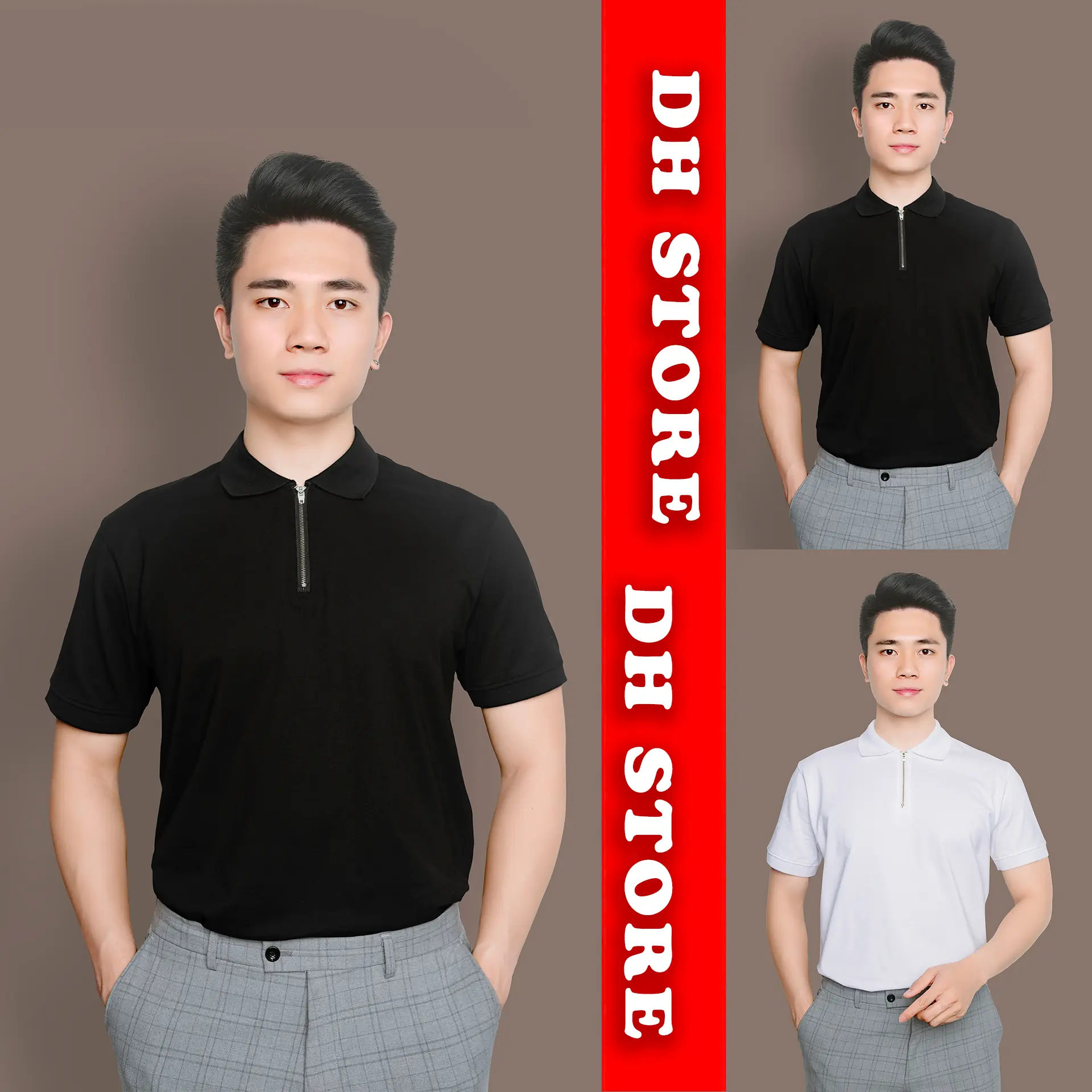 Áo polo Thun Nam Menswear DH Store ZIPPER có cổ áonam Cotton Ngắn Tay thông thường hàn quốc Trắng