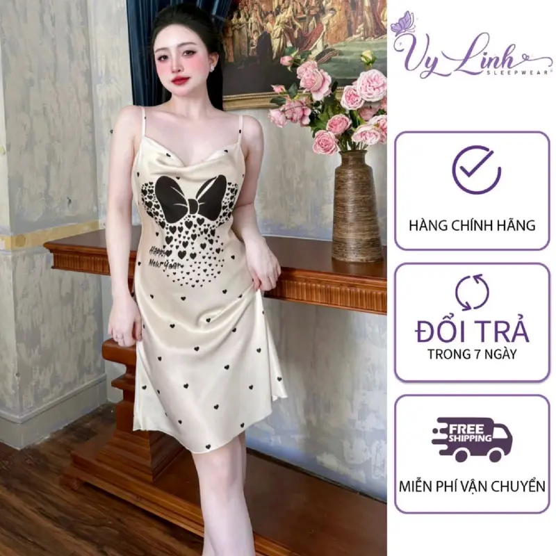 Đầm Ngủ Hai Dây Cổ Đổ Hoạ Tiết Dễ Thương Chất Liệu Lụa Latin Nhẹ Mát S1296 1