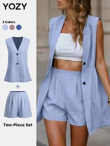 YOZY Vest Blazer & Elastic Waist Plicated Shorts Set, Fashion Button Placket Elegant Loose-hem Suit Vest, 2024, for All Seasons, Ladies Clothes for Work Office Daily Wear
