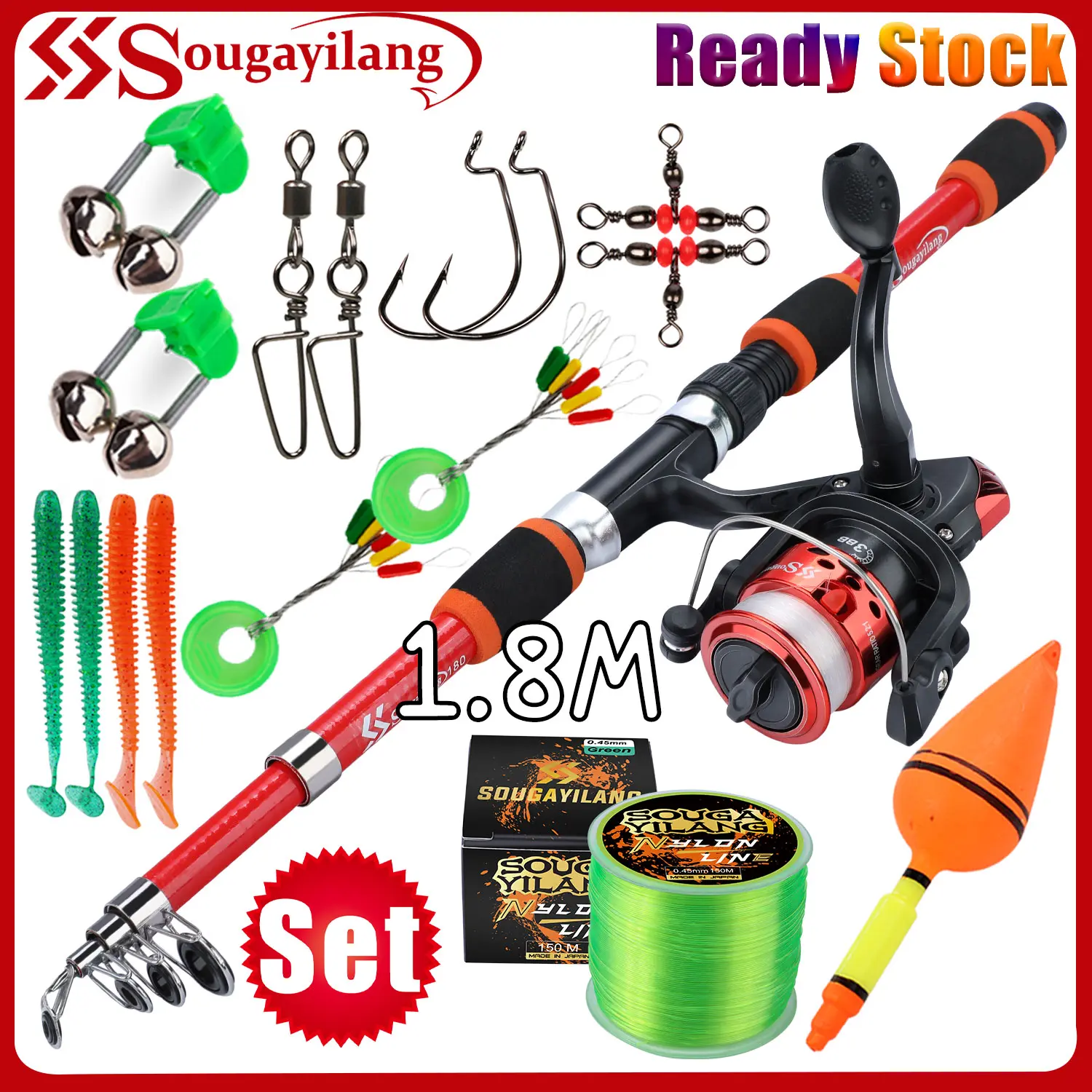 Sougayilang [COD] Fishing Rod Set 1.8m Telescopic Spinning Pole Glass Fiber and 5.2:1 Gear Ratio Fishing Reel Spinning Reel with 1 PC 100M Line, Accessories, Rod, Reel, Fishing Combo