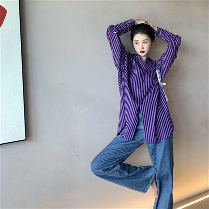 Áo Sơ Mi Sọc Tím, Dành Cho Nữ, Phong Cách Hồng Kông Cổ Điển Dáng Rộng Vừa Vặn, Phong Cách Bf Lười Biếng, Áo Sơ Mi Dài Tay, Thiết Kế Thanh Lịch Và Sang Trọng, Áo Hàng Đầu 1