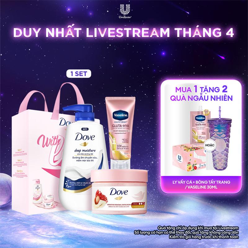Hộp quà Dove Sáng mịn rạng ngời (Tẩy da chết 298g & sữa tắm Dove 500g tặng Vaseline 70g [1]