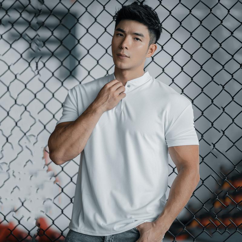 Summer Men's Sporty Casual Running Fitness Solid Buttoned Stand Collar Short Sleeve Cool Feeling Quick Dry T-Shirt 0
