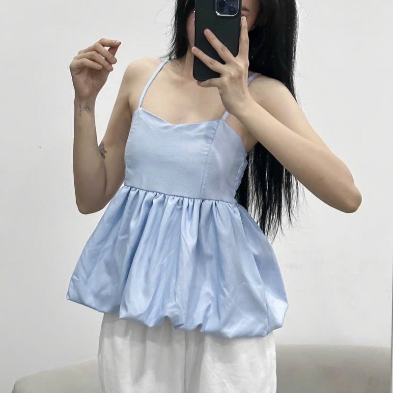 Áo Hai Dây Bí Caro Nhuyễn Chất Voan Lưng Chun Nhún Dáng Babydoll Xoè