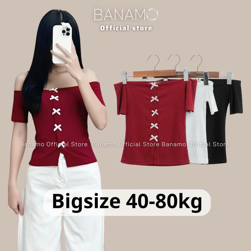 Áo thun nữ BIGSIZE Banamo Fashion áo thun tăm trễ vai đính nơ dáng ngắn xinh xắn chất liệu co giãn tốt 355