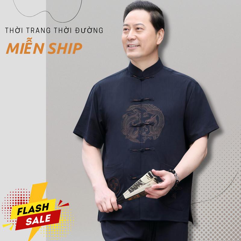 ( B2 ) Bộ Đũi Nam Ngắn Tay Thêu Rồng - Phượng sang trọng Cho Bố, đi chơi, đi lễ, đi chùa Nhung Áo Menswear Pants có thể giặt máy đục lỗ trọng lượng m 110 đồ habibi bomac  dichua set  đồ hè