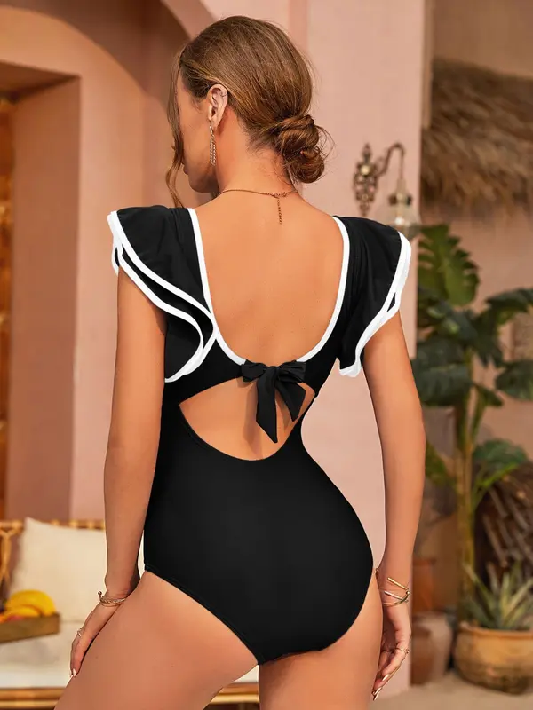 Women's Ruched Backless Contrast Binding One-piece Swimsuit, Casual Scoop Neck Butterfly Sleeve Swimwear for Summer, Ladies Swimsuit for Beach Holiday Vacation 1