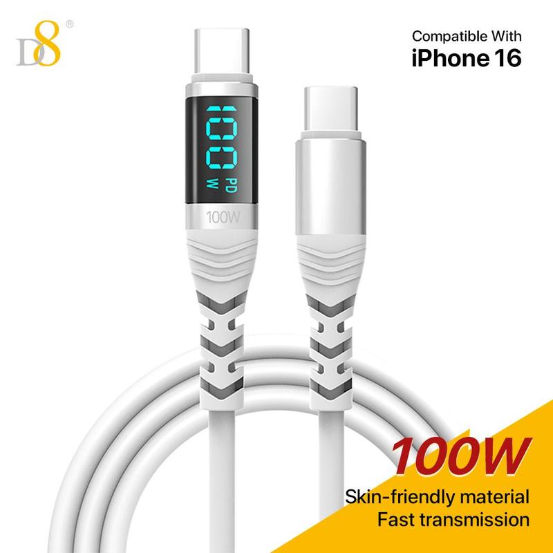D8 USB C to USB C Cable, 100W/5A PD Fast Charging Cable with LED Display, Compatible with iPhone 15 Max/13/15Pro/ Air 2023/iPad Pro 2023, Samsung Galaxy 2