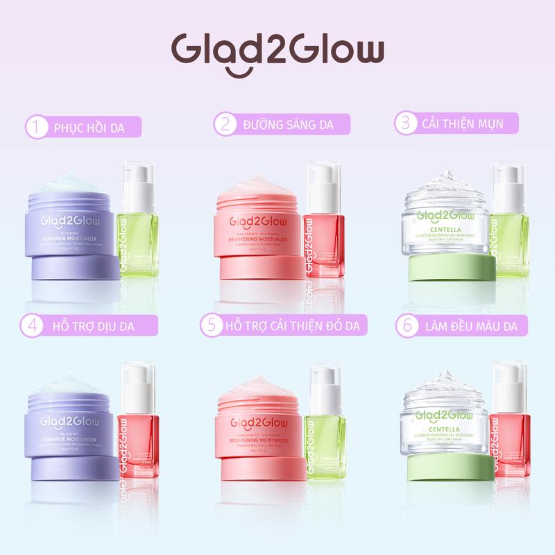 Glad2Glow Combo Skincare cơ bản 2 món- Serum Centella chứa 17ml+Kem dưỡng ẩm việt 25g+Serum thạch lựu 17ml+Kem dưỡng ẩm thạch lựu 30g+Kem dưỡng ẩm Centella Glad2Glow  [G2G] 30g