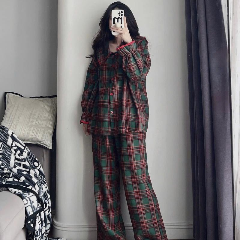 Mặc Nhà Pijama Nữ Cổ Bèo Phối Sọc Kẻ Xanh Noel Chất Thô Dạ Mềm Mại Women 1