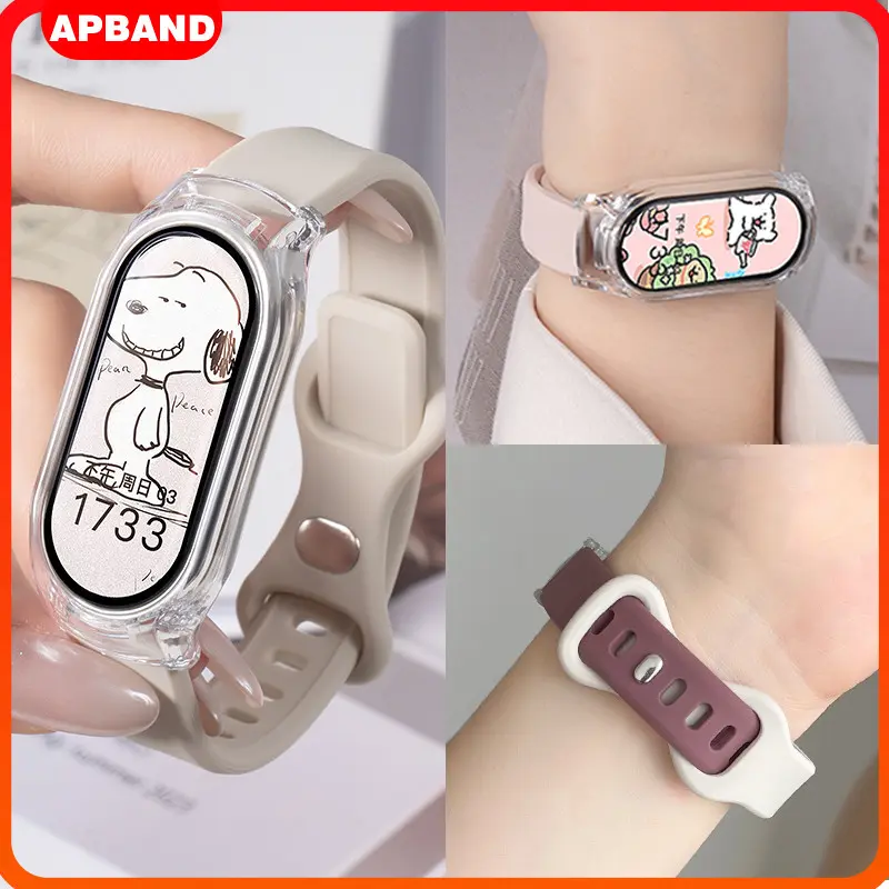 [Tali Jam Tangan] Silicone Strap + Transparent PC Case for Xiaomi Mi Smart Band 9 Anti Gores Hollow Soft Sport Rubber Band Screen Protector Bumper Cover with Film Accessories Smartwatch for Xiaomi Smart Band 9