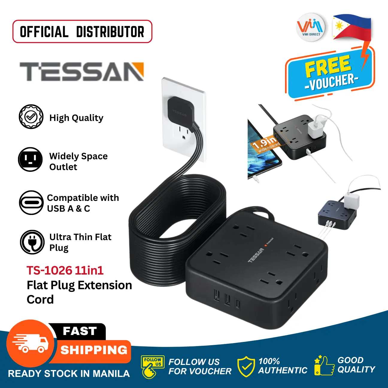 TESSAN TS-1026 11in1 Surge Protector Flat Plug Power Strip Black 5M 10M 15 Meter Extension Cord 8 AC Outlets 3 USB Charger Portable Long High Quality Extension Cord with USB and Type C Power Station for Travel Cruise Ship Home Office Essentials VMI DIRECT