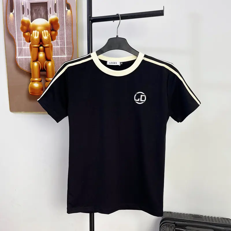 Áo thun nam nữ vải thun lạnh phối viền vai thêu logo LD màu đen trắng Menswear Top 1