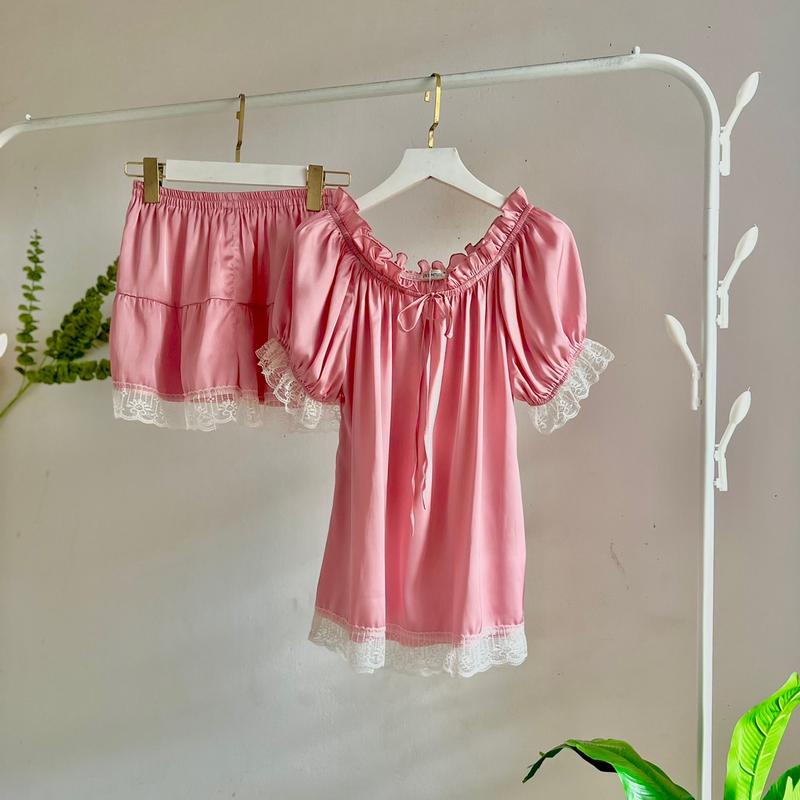 Bộ Đồ Ngủ, Áo Cổ Bèo Tay Ngắn Quần Ngắn Cho Nữ, Chất Liệu Lụa, Mền, Mịn Mát, TN02 Women Trắng macnha  set 6