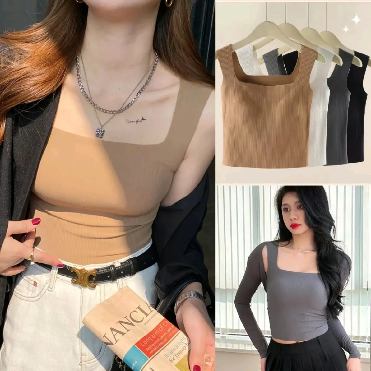 [chuẩn loại 1] LOANPRO Áo kiểu nữ áo ba lỗ croptop cổ vuông có dệm Áo bra 2 dây bản to tôn dáng chất vải su tăm cao cấp mềm mát lạnh 3182