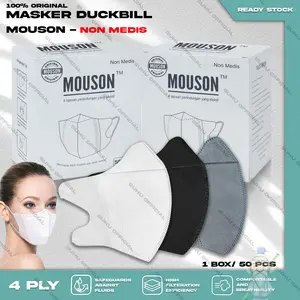 Masker Duckbil MOUSON 4Ply isi 50Pcs Putih Hitam Abu Warna Duckbill 4 Ply Earloop Dewasa tali karet elastis warna