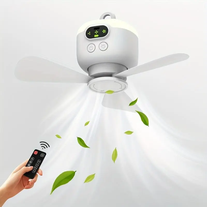 Portable Rechargeable Fan Light, Handheld Small Fan Night Light with Remote Control, Hanging Fan Light for Outdoor Camping Tent