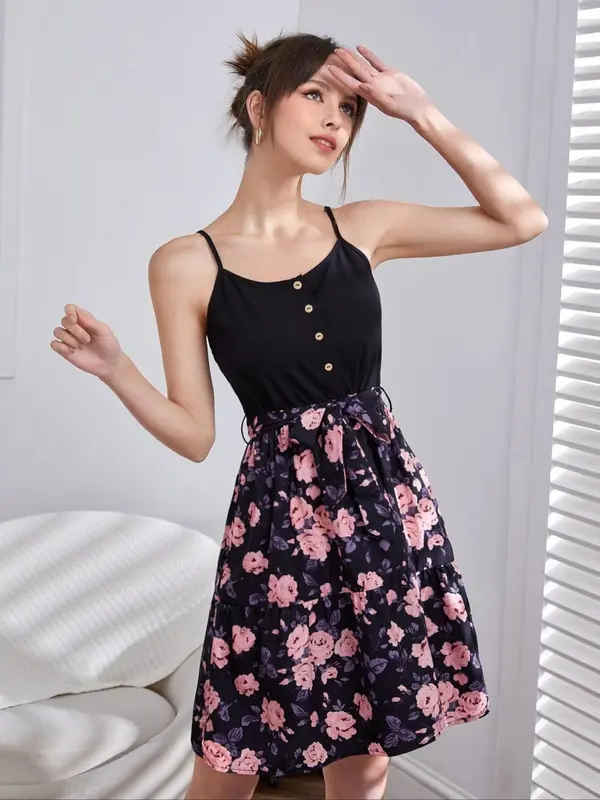 Women's Floral Print Belted Ruffle Hem Cami Dress, Elegant Adjustable Spaghetti Strap Fake Button Design A Line Cinched Waist Cami Dress for Vacation Holiday Wedding Guest, Ladies Clothes for All Seasons 3