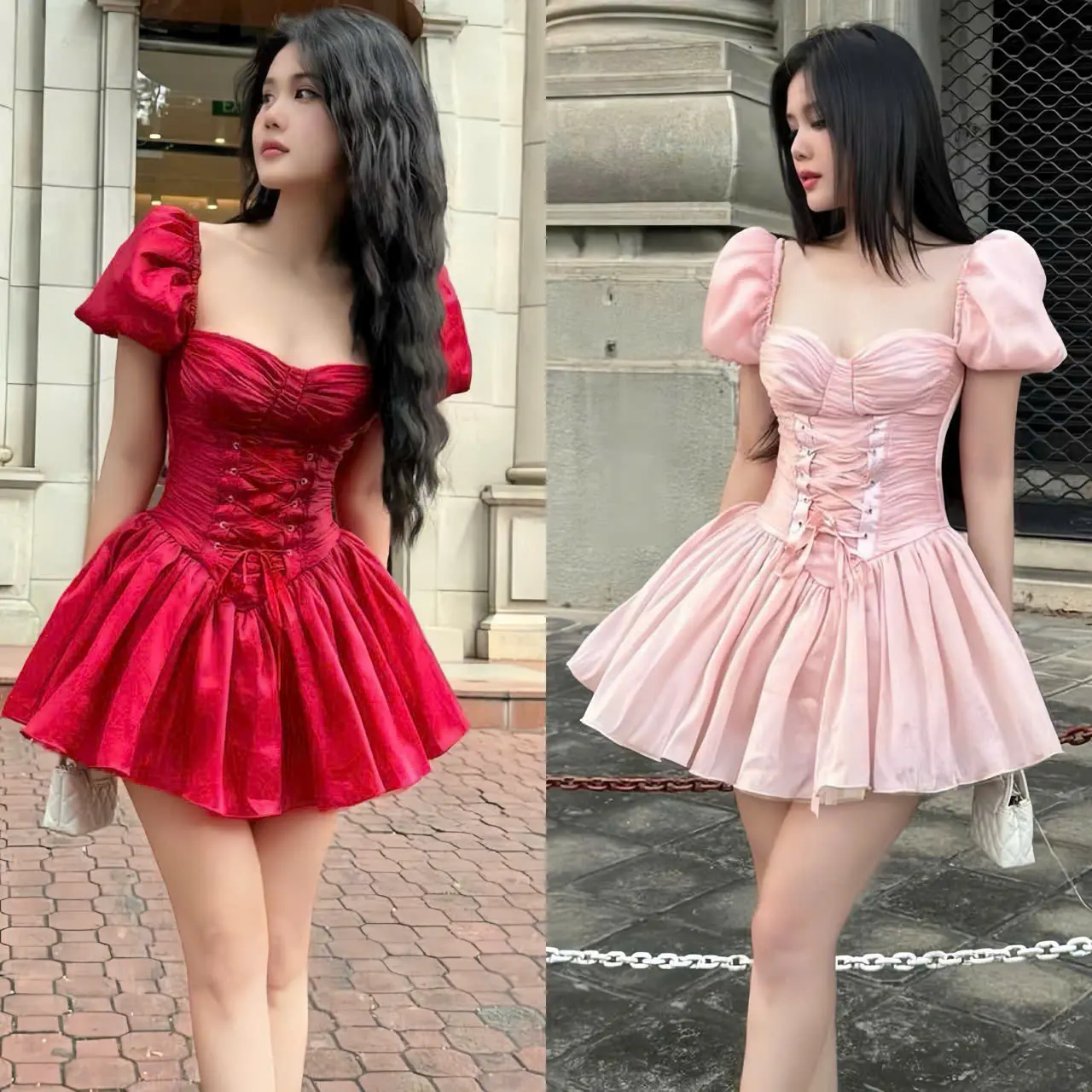 Đầm váy nữ tơ nến tay phồng thiết kế cổ vuông thắt dây eo form ngắn dáng xòe xinh xắn sang chảnh dành cho nàng di chơi,di tiệc. women top