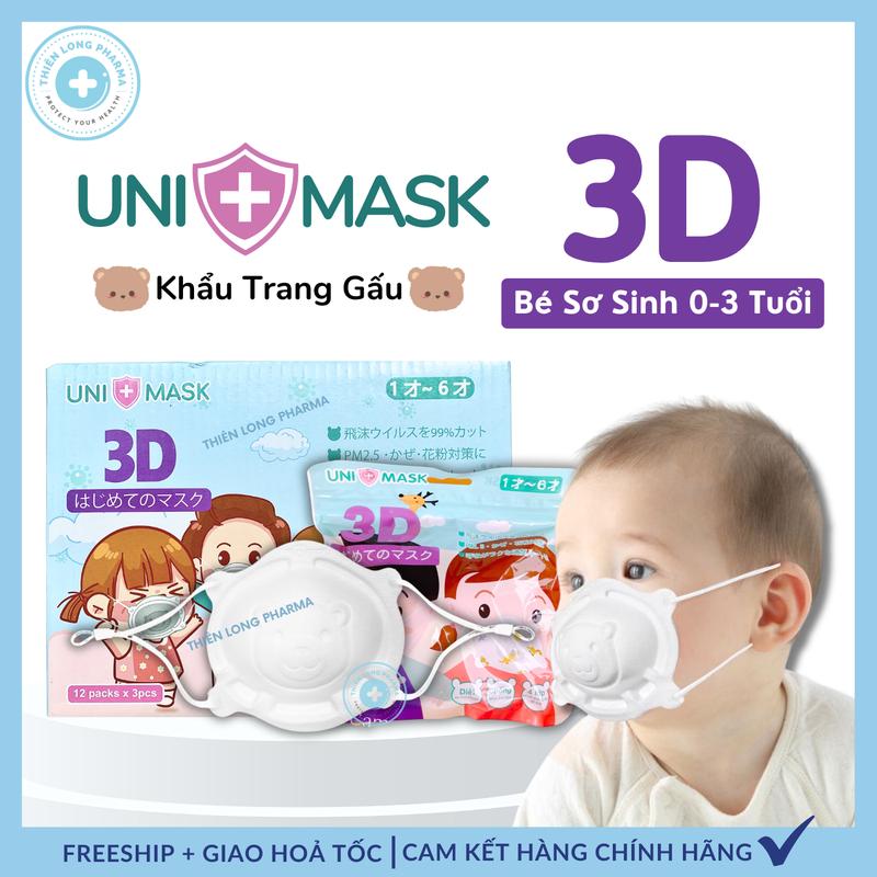 Thùng 12 Túi Khẩu trang gấu cho bé sơ sinh 3D Uni Mask dễ thương cho bé 0-3 Tuổi Hàng Chính Hãng