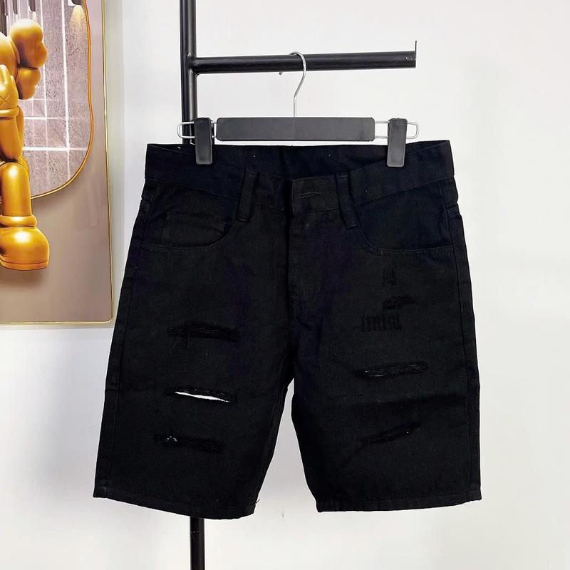 Quần Short Jean Nam Ngắn Màu Đen Rách Trắng Rách Chất Vải Không Co Dãn Menswear Denim Pants