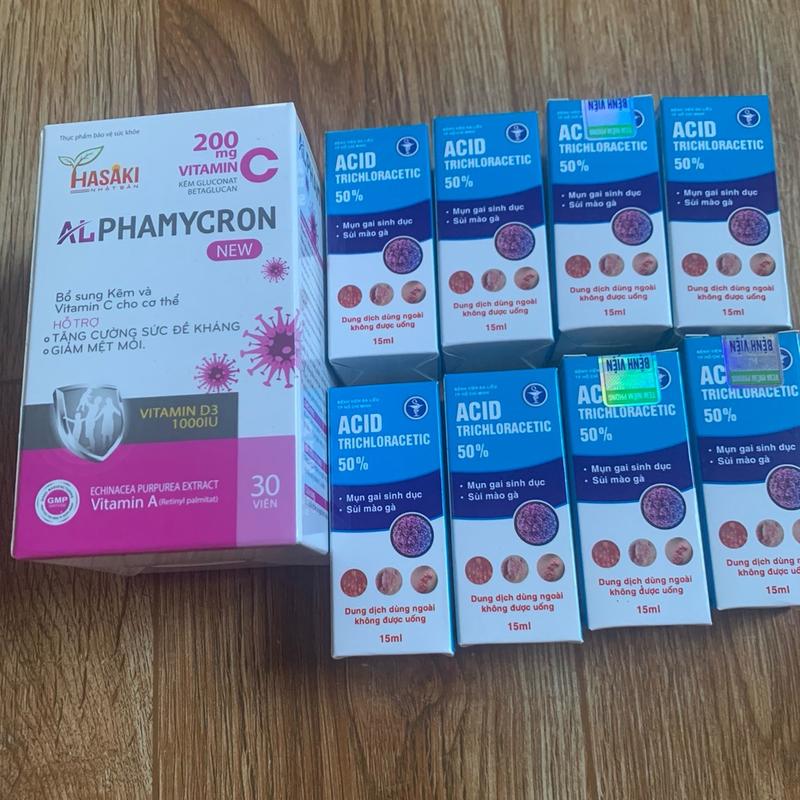 {CHE TÊN} Combo viên uống ALPHAMYCRON hộp 30v+ dung dịch chấm rụng mụn Acid TRICHCLOACETIC 50%(15ml).Hỗ trợ đào thải HPV chấm rụng mụn sùi 2