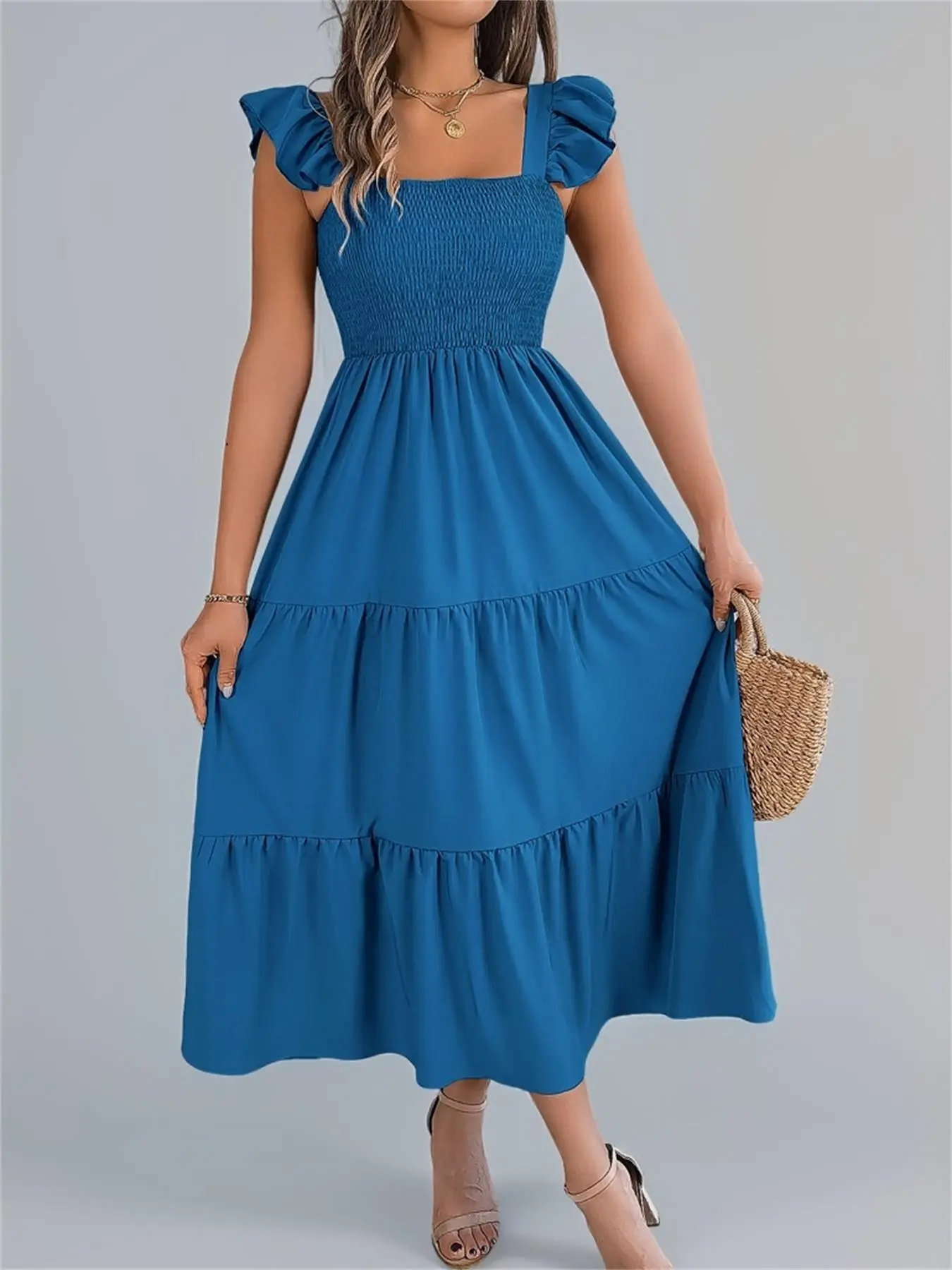 Women's Plain Backless Shirred Dress, Casual Sleeveless Square Neck Dress for Summer, Ladies Clothes for Beach Holiday, Summer Dresses 2025