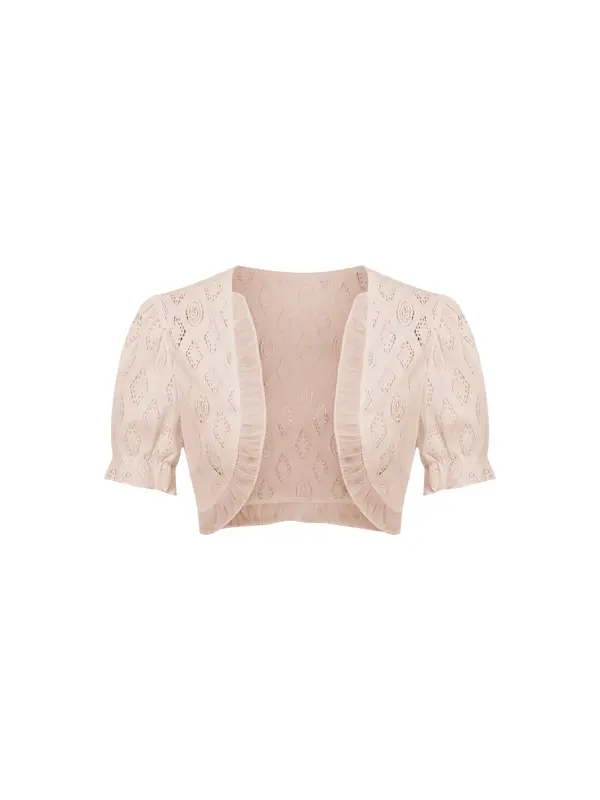 Women's Plain Hollow Out Ruffle Trim Crop Jacket, Casual Open Front Puff Sleeve Outerwear, Women's Summer Clothing for Daily Wear 0