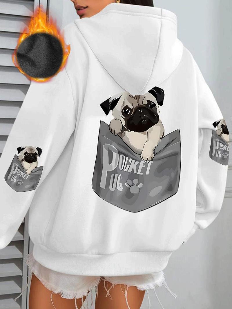 Product Introduction of Women's Cartoon Pug & Letter Print Hoodie, Fashion Casual Pocket Hooded Sweatshirt for Daily Holiday Outdoor Wear, Women Clothing for Fall & Winter,  Pug Merch 5