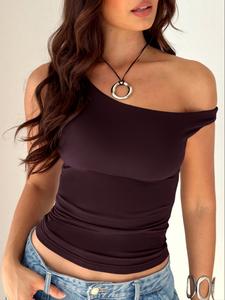 Top sin mangas para mujer de un hombro con diseño de nudo asimétrico, ajustado, elástico, textura slinky, tela ligera de color sólido, ideal para el verano, top sexy, elegante y casual, blusa versátil.