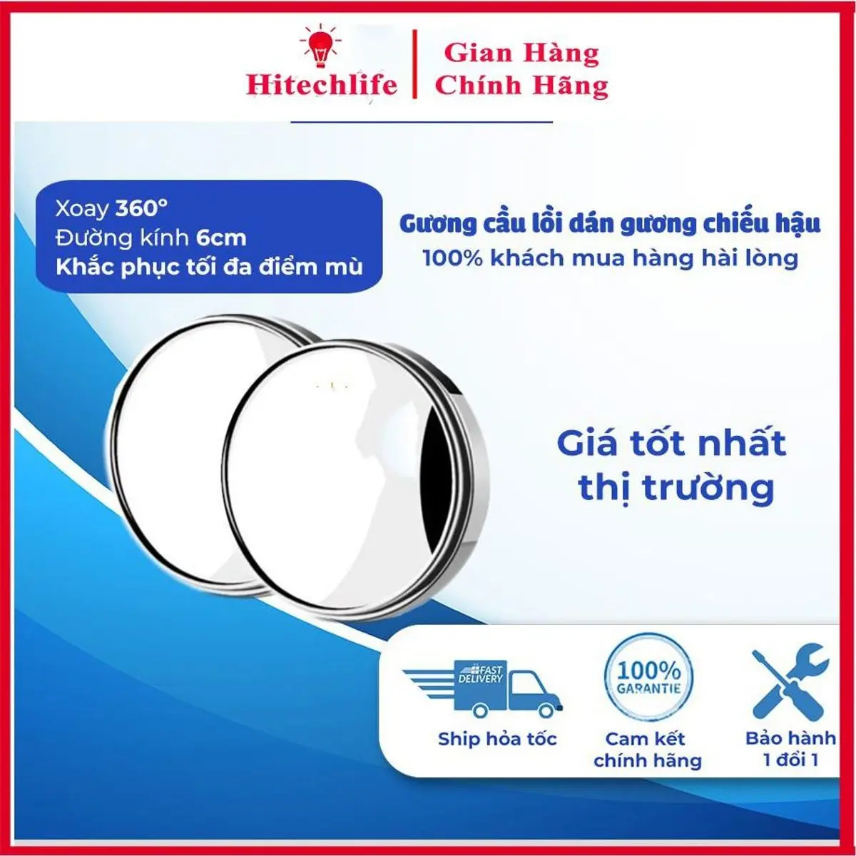 Bộ 2 Gương Cầu Lồi Có Viền Gắn Kính Hậu Ô Tô Xoay 360 Xóa Điểm Mù Tráng bạċ - Phụ Kiện Xe Hơi Hitechlife Cao Cấp Giá Rẻ