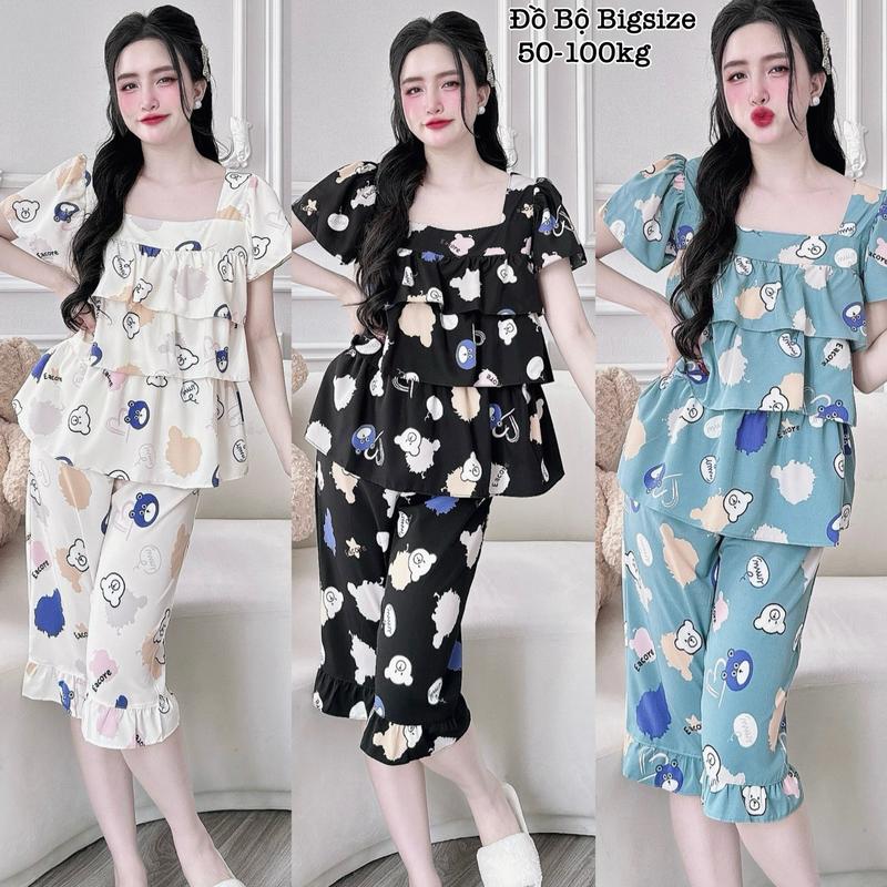 Đồ Bộ Pijama - đồ Ngủ Bigsize Én Nhỏ Nữ Mặc Nhà Lửng Tầng Lụa Nhật Cổ Vuông Dễ Thương Xinh Đẹp Cao Cấp Đủ size 50-100kg ennhocobigsize Nhung Women Áo Loang Quần Ngủ