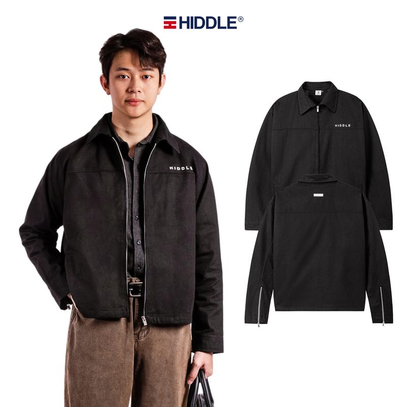  Áo khoác nam dáng ngắn boxy HIDDLE vải kaki và da lộn cao cấp màu đen 2 lớp phối khóa kéo sang trọng | H8-AK8 